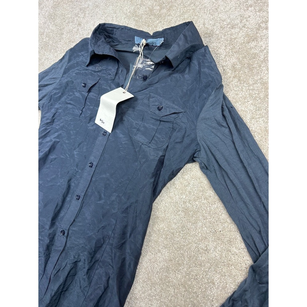 milla Women's Top Charcoal Blue M Button Front Cotton Crinkle Shirt